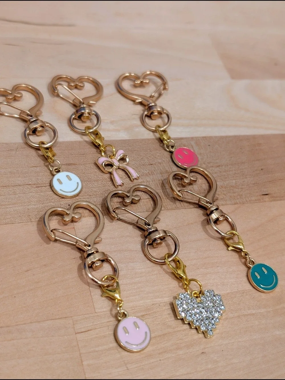 Gold Heart Clip Keychain with Teal Smile Charm